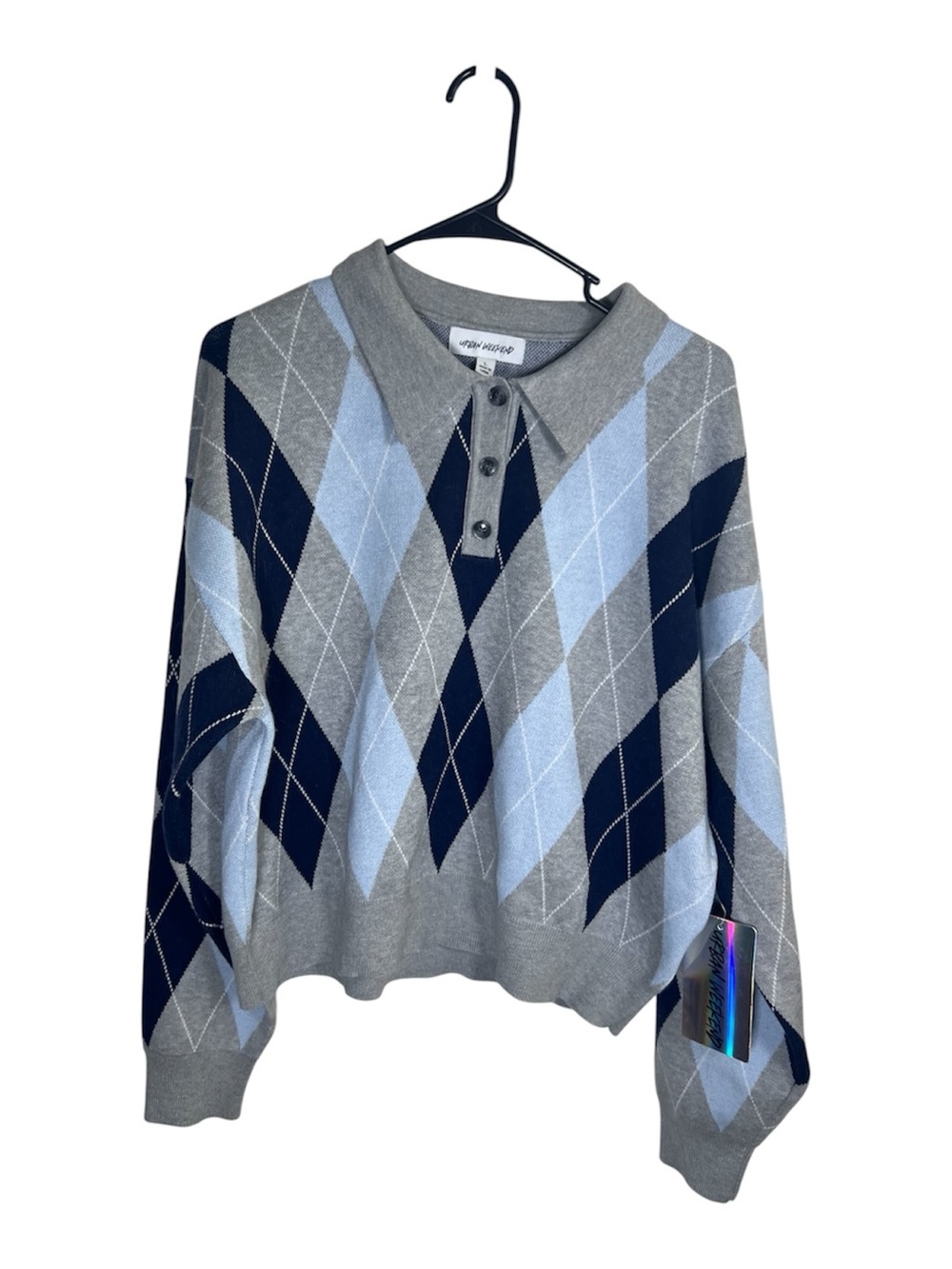 Argyle Polo Collared Sweater in Gray and Navy Size L